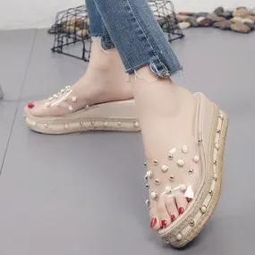 Amozae-Elegant Women's Sandals Candy Slippers transparent Platform sandal Slip-On Pearl Beach Wedges Jelly Shoes Clear Sandals Women
