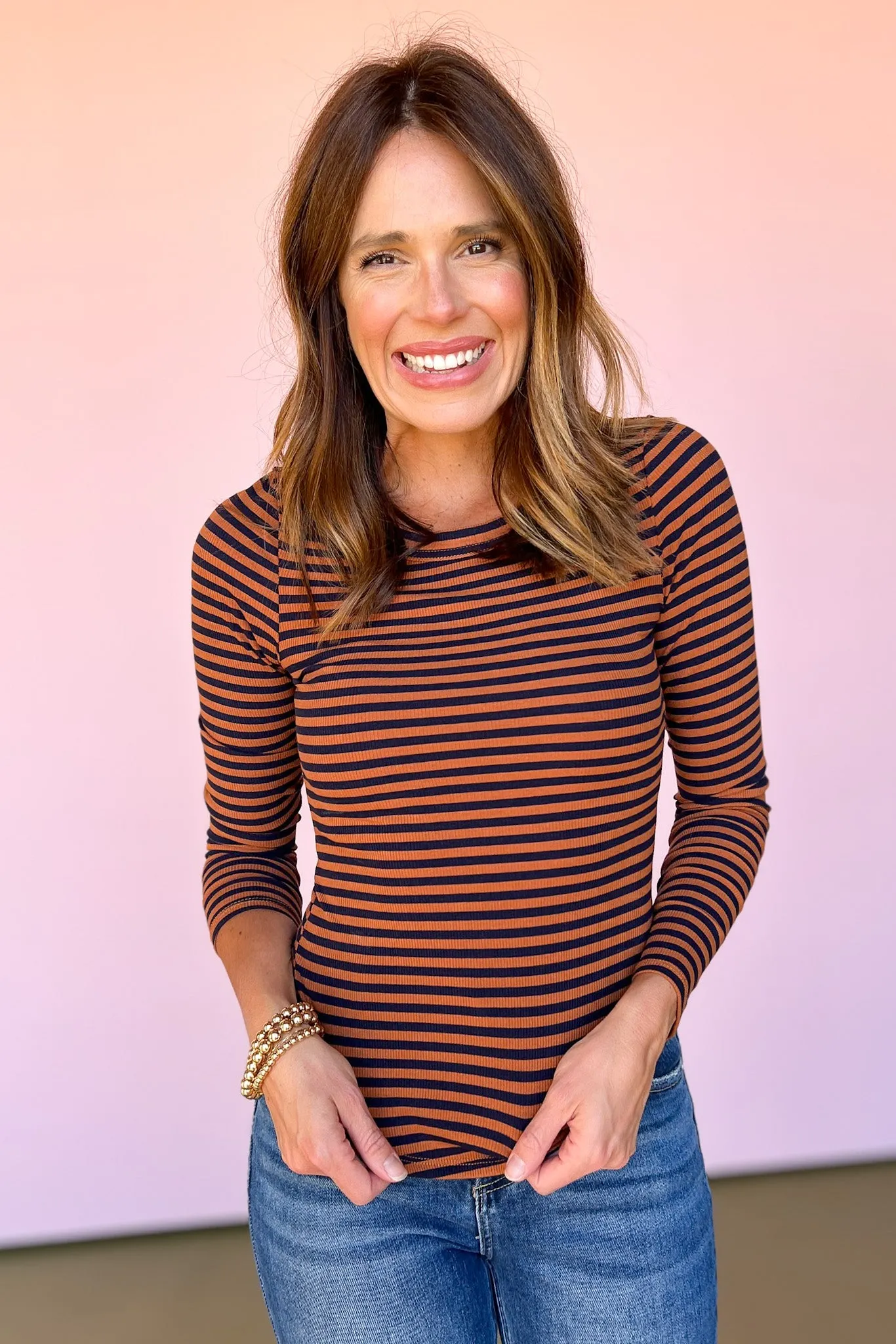 Brown Striped Long Sleeve Top