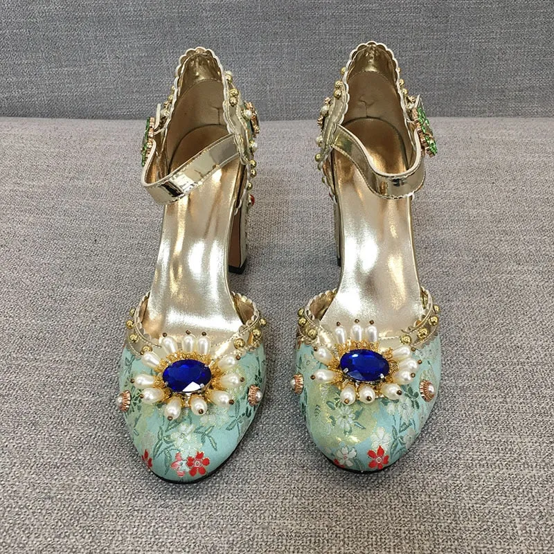 Embroidered Silk Crystal Embellished Fashionista Mary Janes (green / red)
