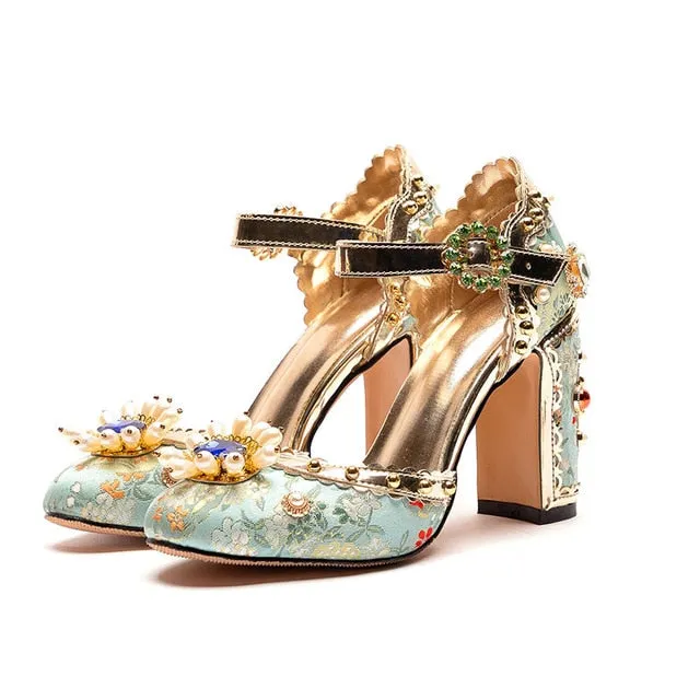 Embroidered Silk Crystal Embellished Fashionista Mary Janes (green / red)