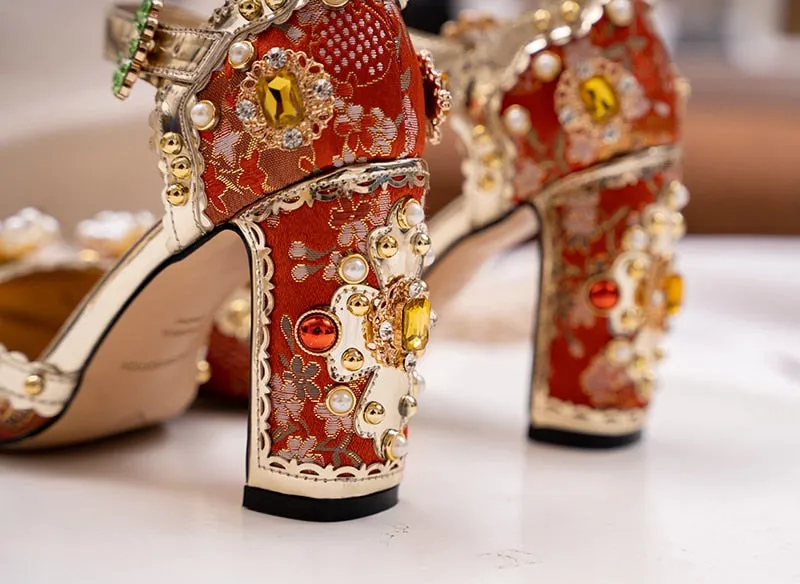 Embroidered Silk Crystal Embellished Fashionista Mary Janes (green / red)