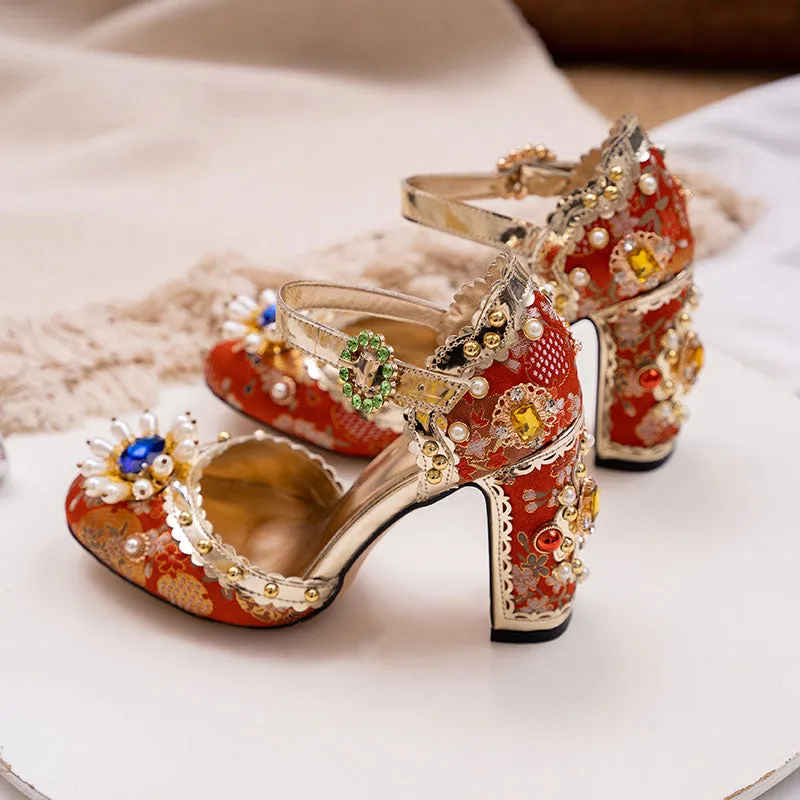 Embroidered Silk Crystal Embellished Fashionista Mary Janes (green / red)