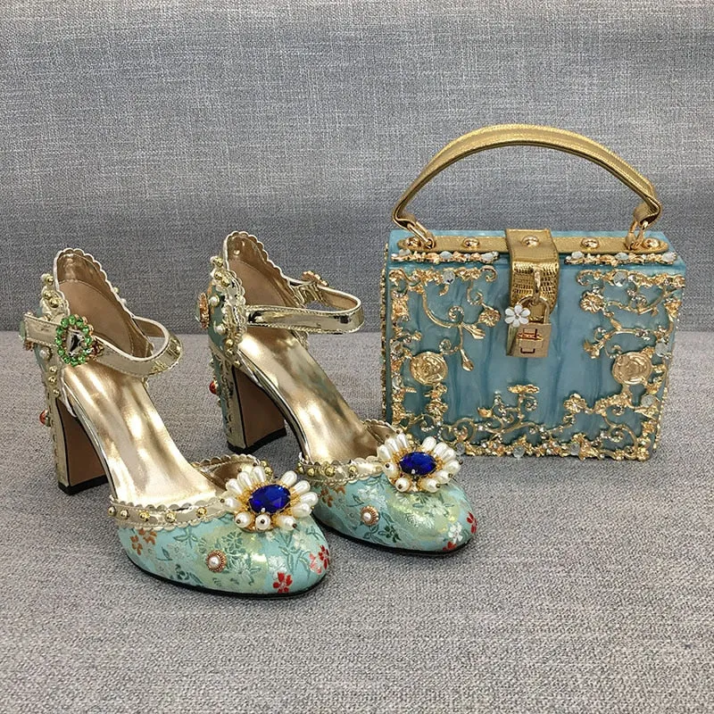 Embroidered Silk Crystal Embellished Fashionista Mary Janes (green / red)
