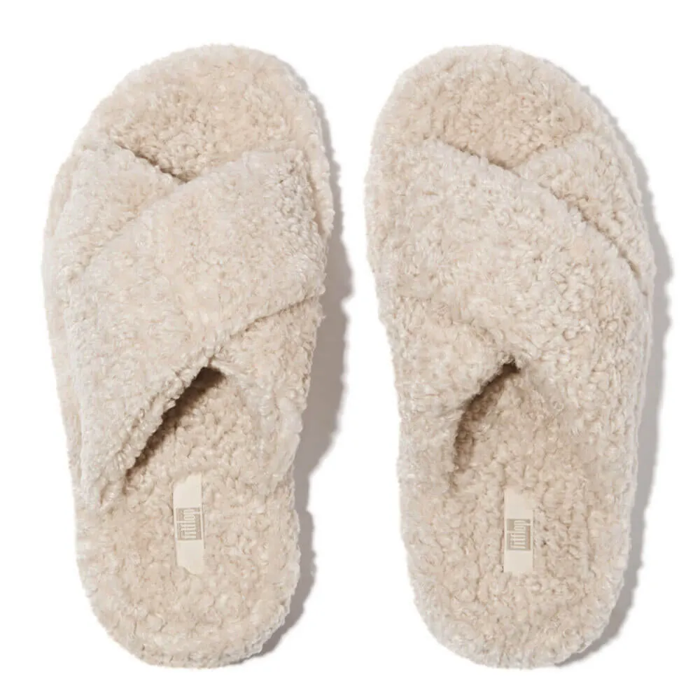 FitFlop iQushion D-Luxe Teddy Cross Slides - Milk Ice