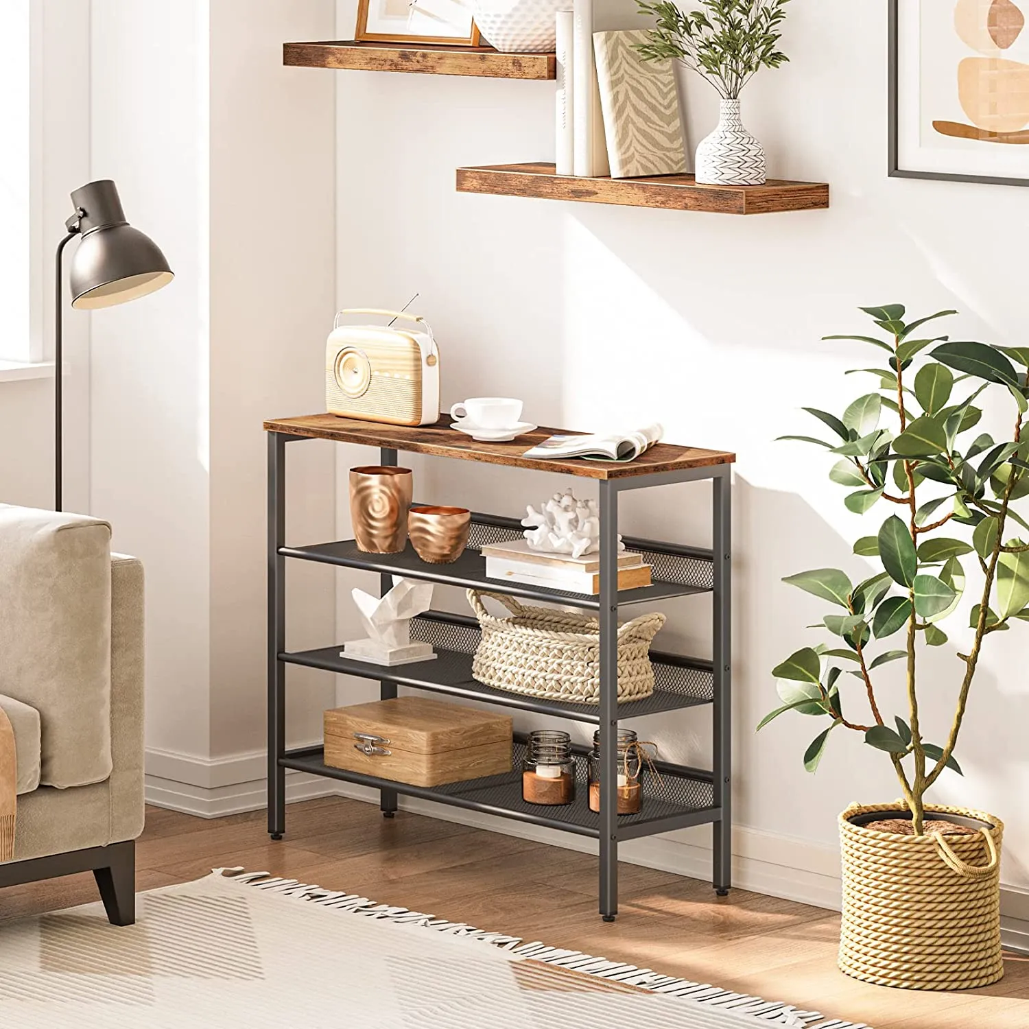 Industrial Shoe Rack, 4-Tier Shoe Shelf, Storage Organizer Unit with 3 Mesh Shelves