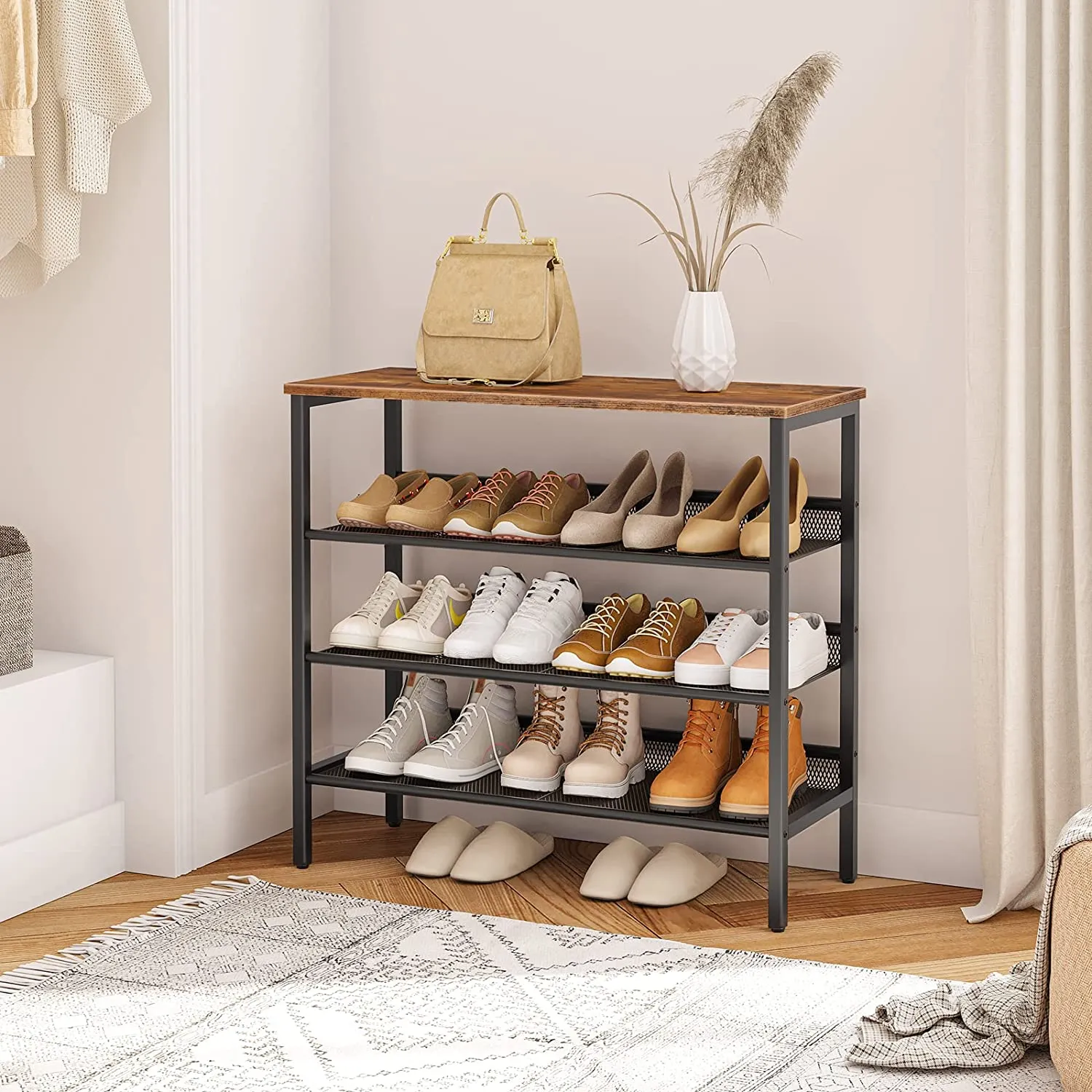 Industrial Shoe Rack, 4-Tier Shoe Shelf, Storage Organizer Unit with 3 Mesh Shelves