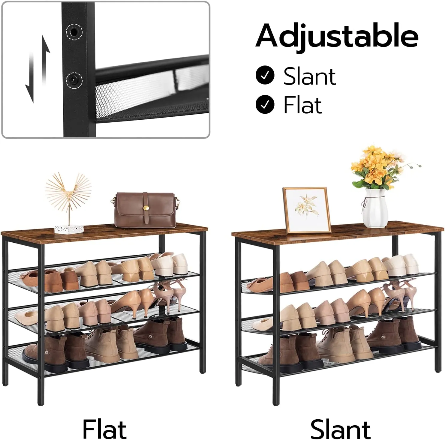 Industrial Shoe Rack, 4-Tier Shoe Shelf, Storage Organizer Unit with 3 Mesh Shelves