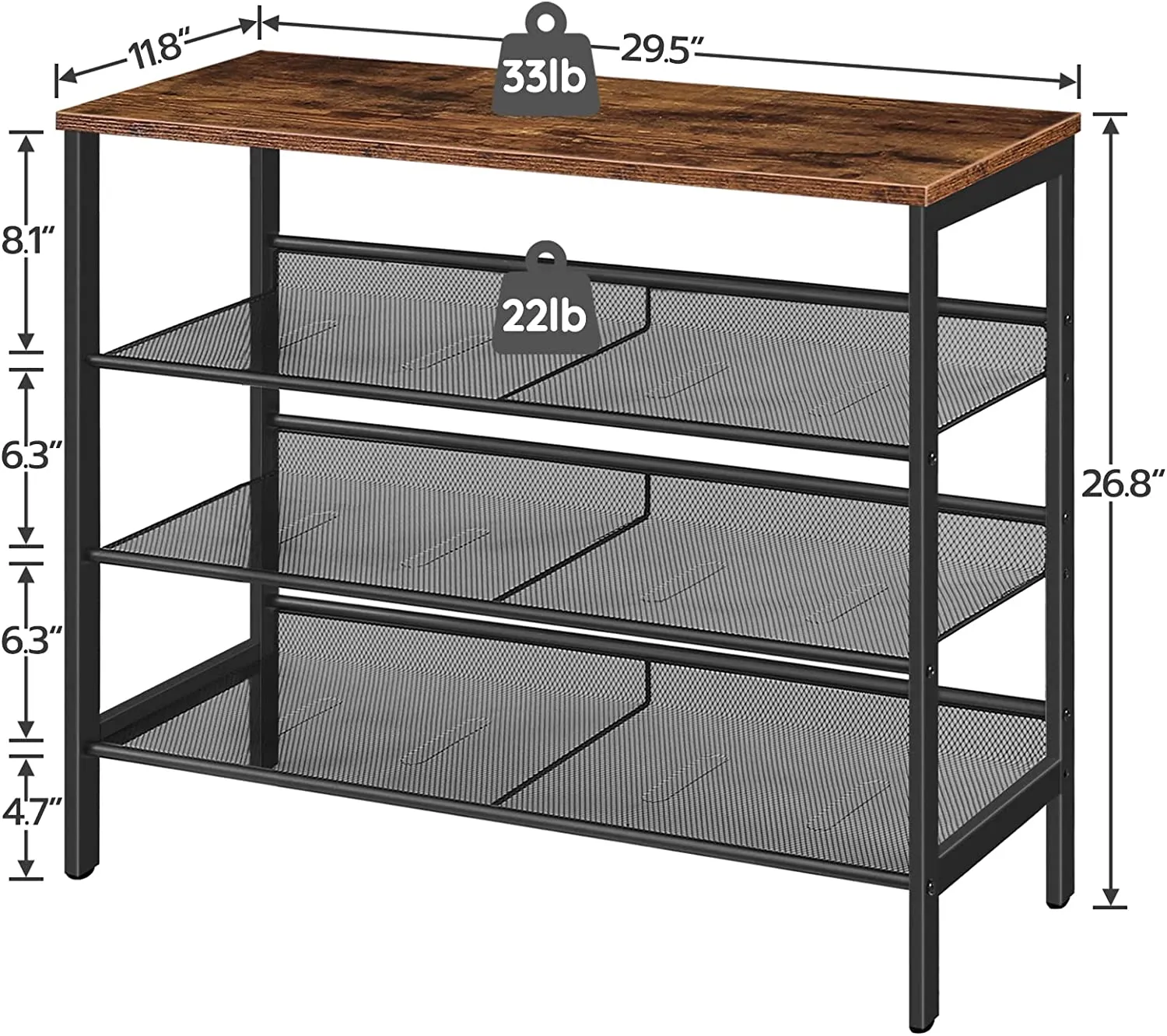 Industrial Shoe Rack, 4-Tier Shoe Shelf, Storage Organizer Unit with 3 Mesh Shelves