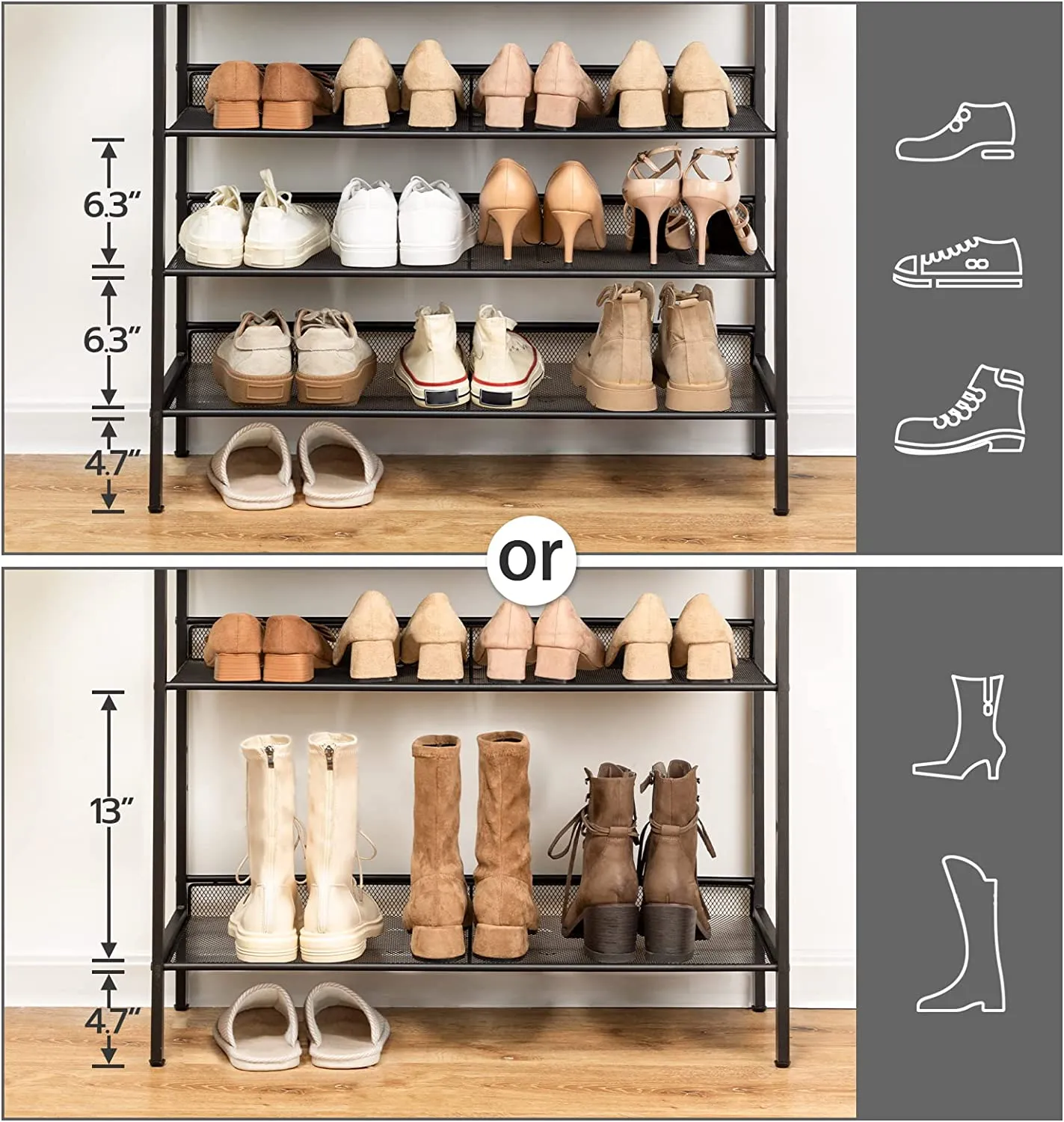 Industrial Shoe Rack, 4-Tier Shoe Shelf, Storage Organizer Unit with 3 Mesh Shelves