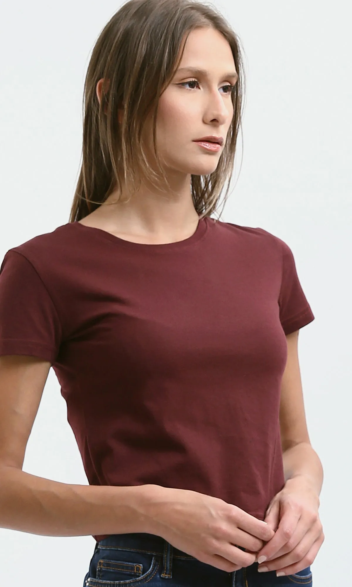 O182256 Short Sleeves Burgundy Cotton Short Tee