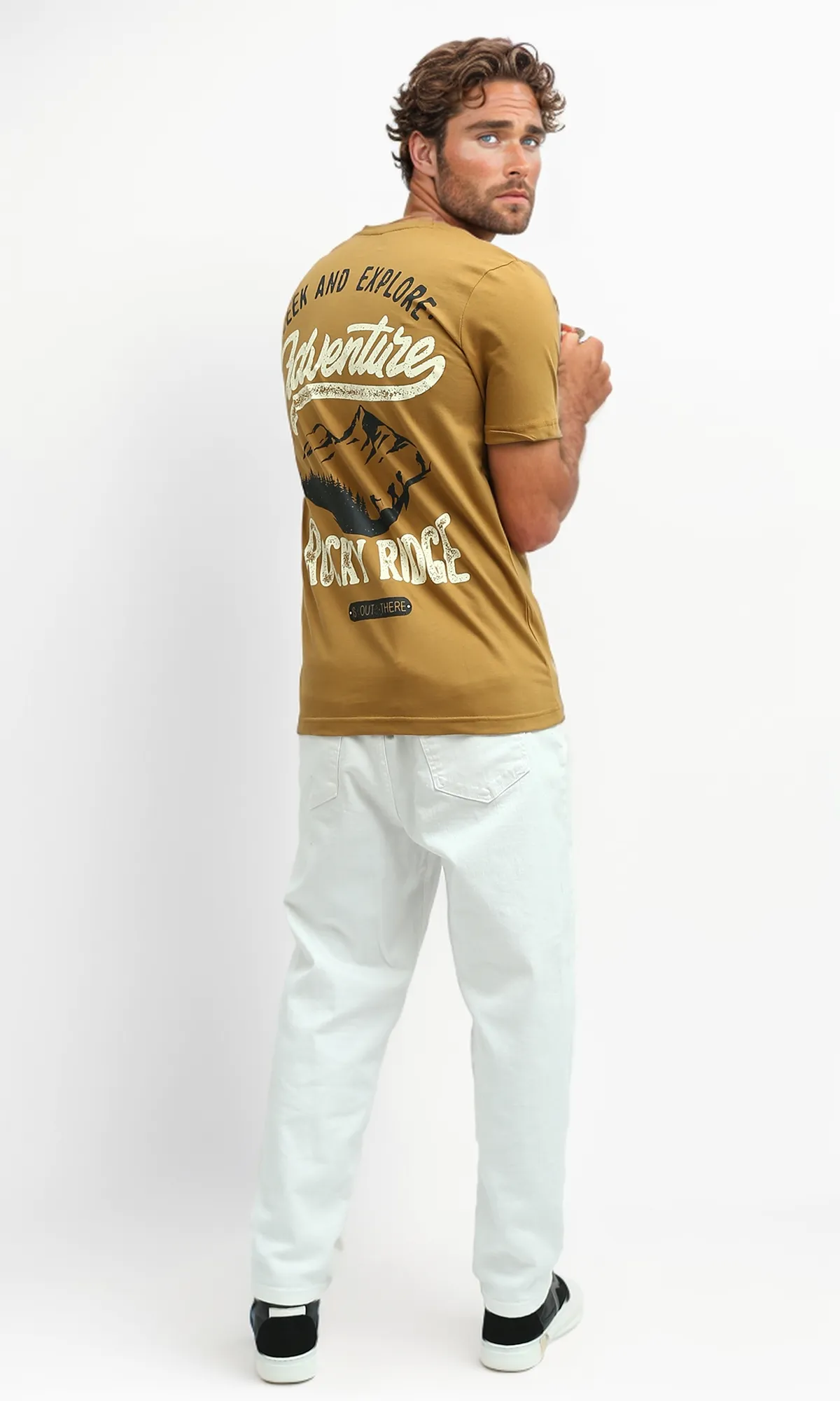 O182405 Mustard Short Sleeves Slip On Printed Tee