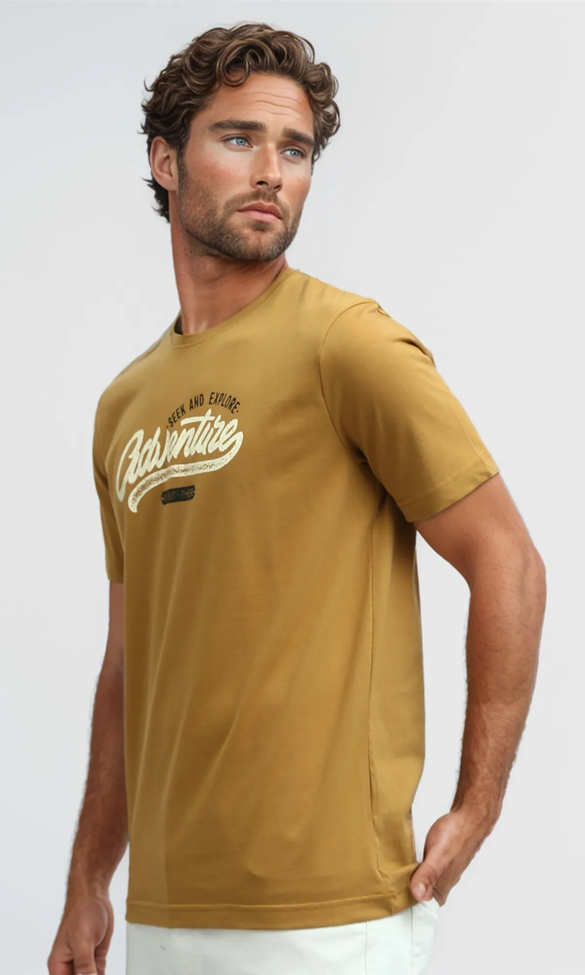 O182405 Mustard Short Sleeves Slip On Printed Tee