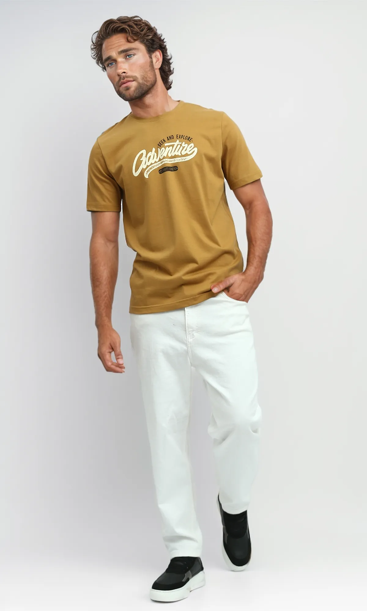 O182405 Mustard Short Sleeves Slip On Printed Tee