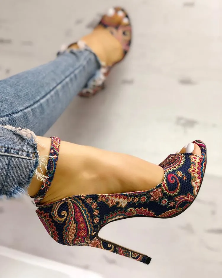 Printed toe buckle high heels - Women's shoes