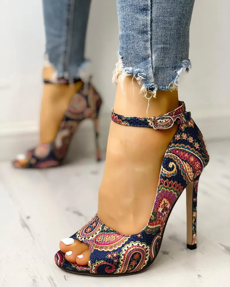 Printed toe buckle high heels - Women's shoes