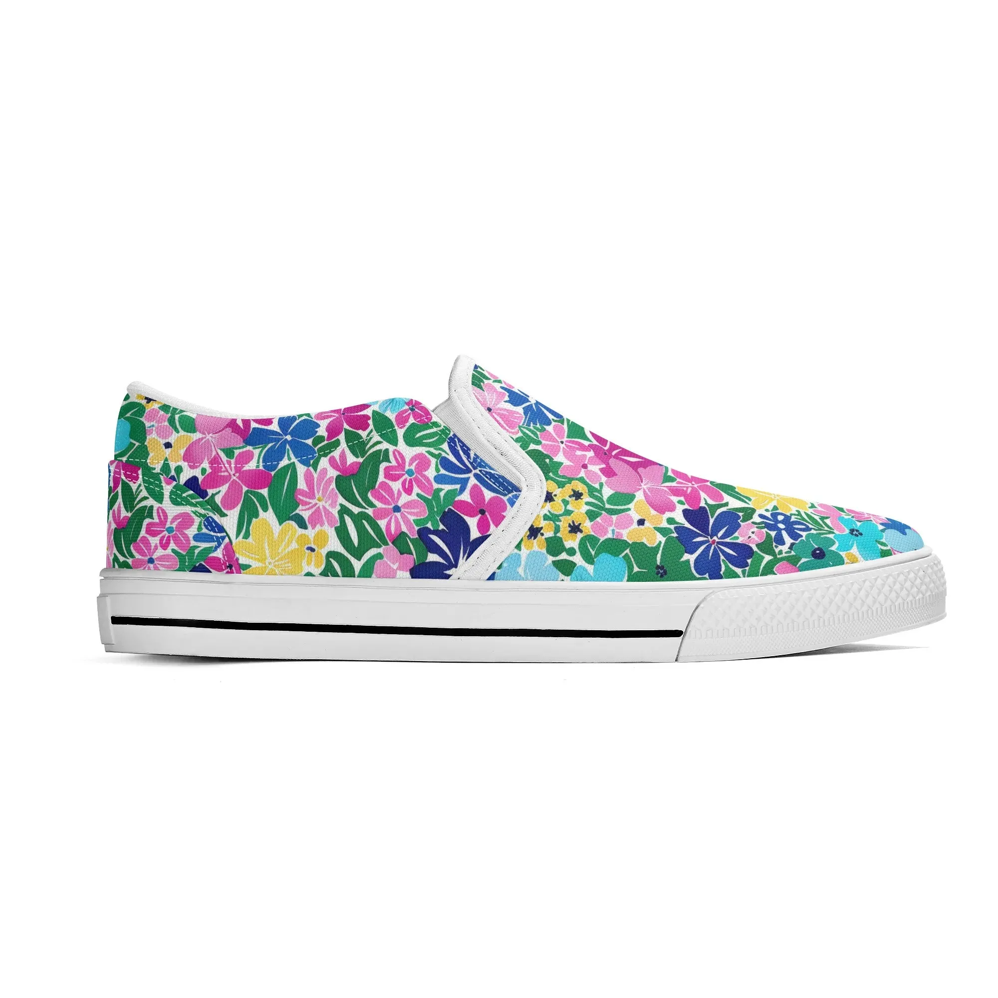 Rainbow Blooms: Vibrant Multi-color Watercolor Flowers in Full Bloom Womens Canvas Slip On Shoes US5-US12