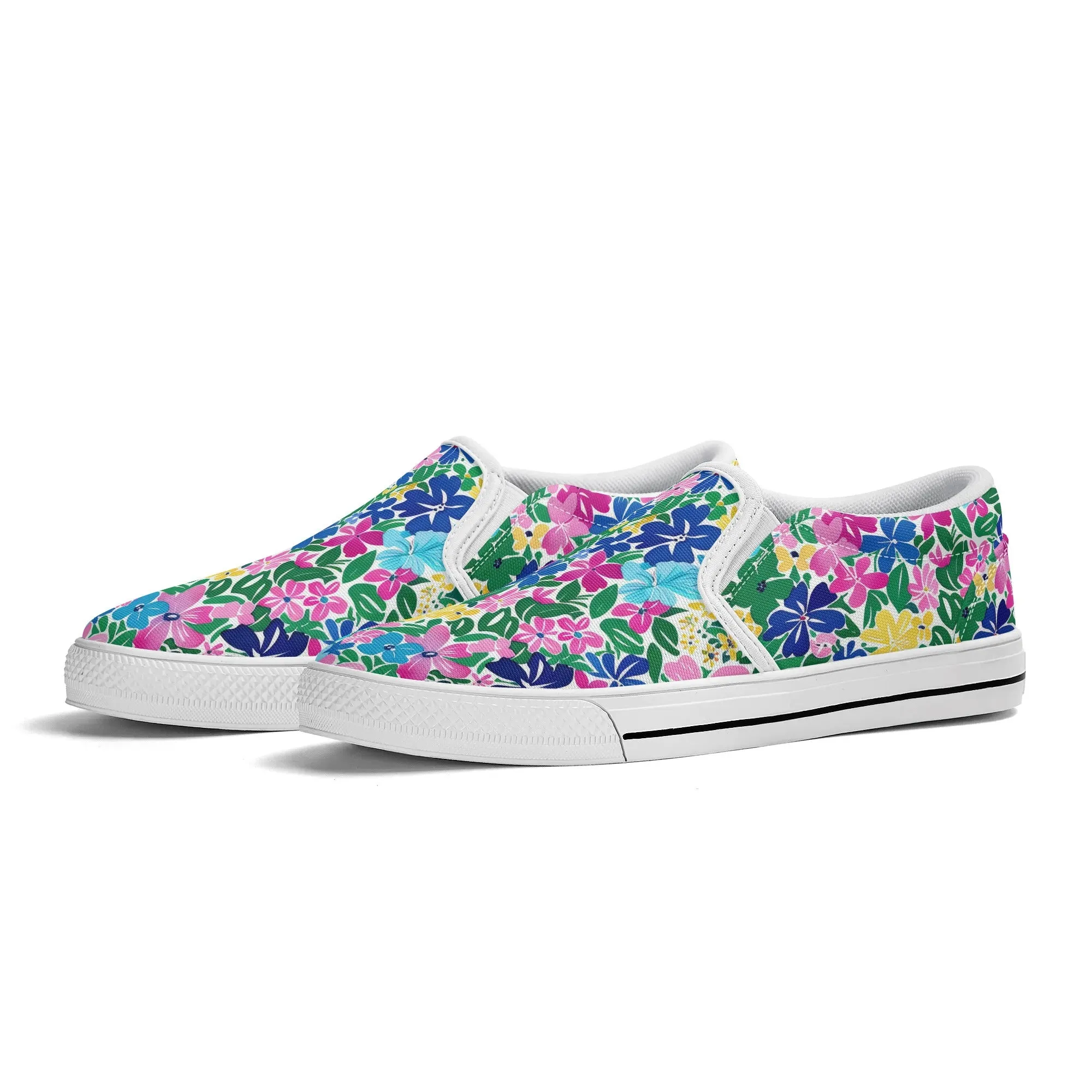 Rainbow Blooms: Vibrant Multi-color Watercolor Flowers in Full Bloom Womens Canvas Slip On Shoes US5-US12