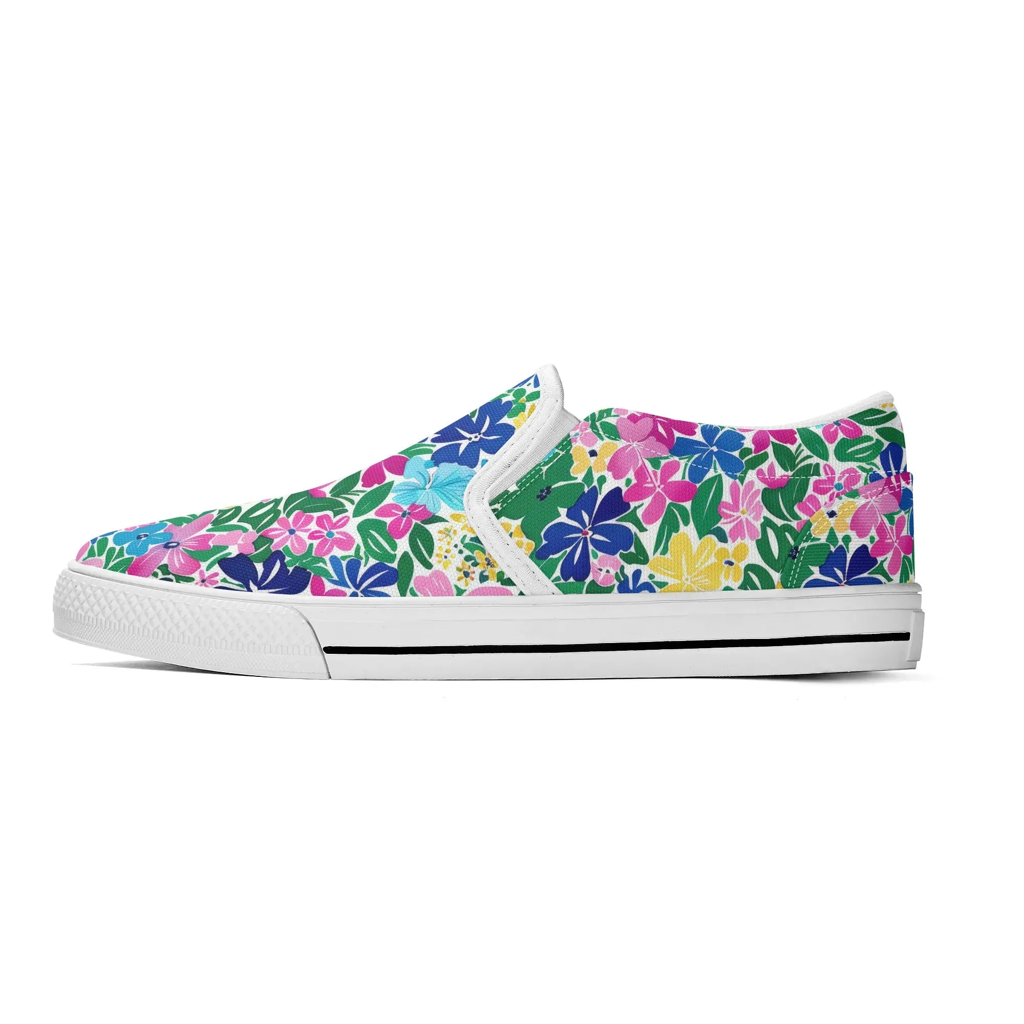 Rainbow Blooms: Vibrant Multi-color Watercolor Flowers in Full Bloom Womens Canvas Slip On Shoes US5-US12