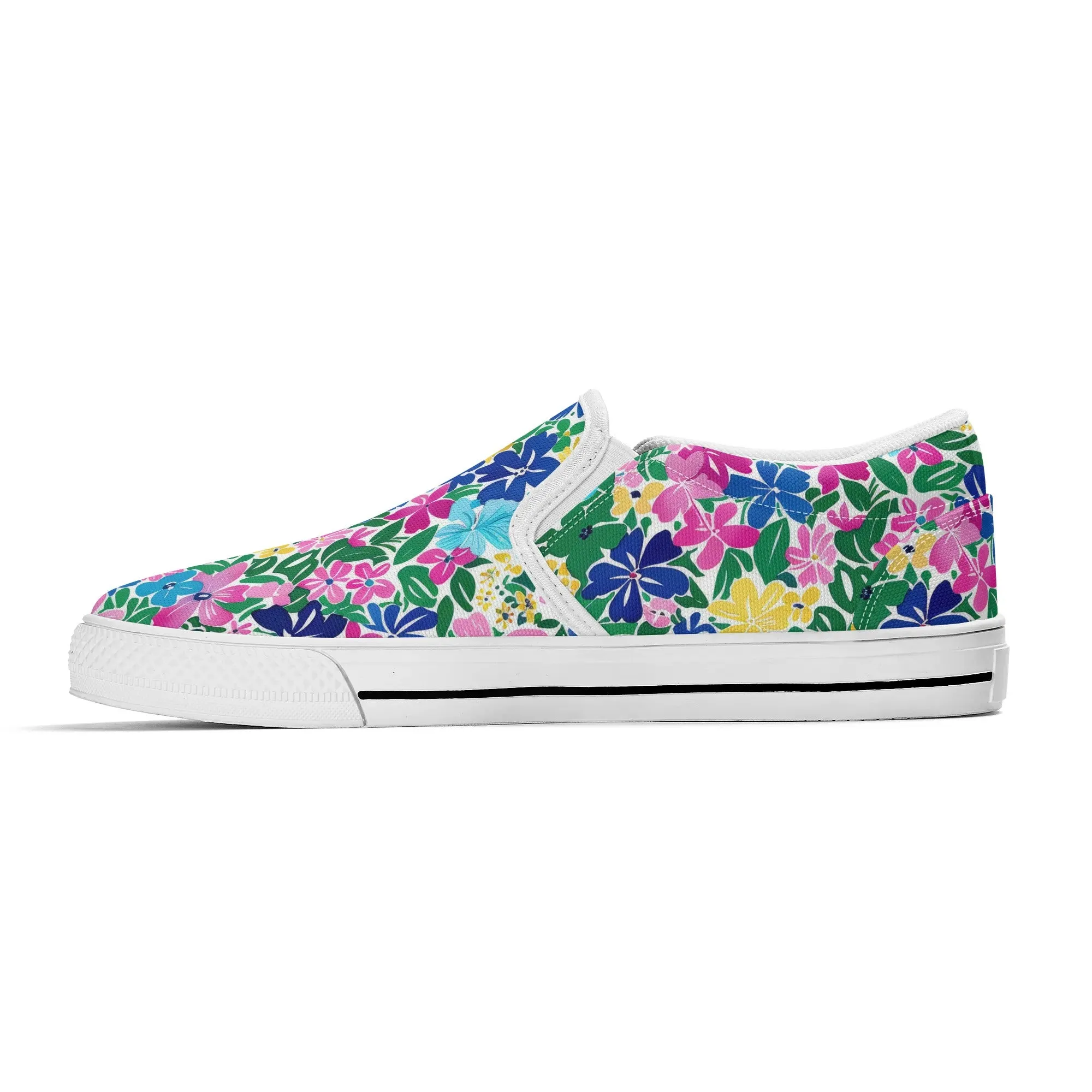 Rainbow Blooms: Vibrant Multi-color Watercolor Flowers in Full Bloom Womens Canvas Slip On Shoes US5-US12