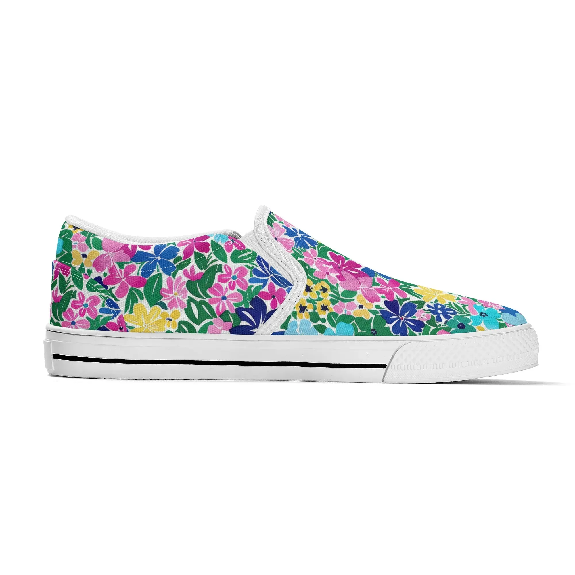 Rainbow Blooms: Vibrant Multi-color Watercolor Flowers in Full Bloom Womens Canvas Slip On Shoes US5-US12