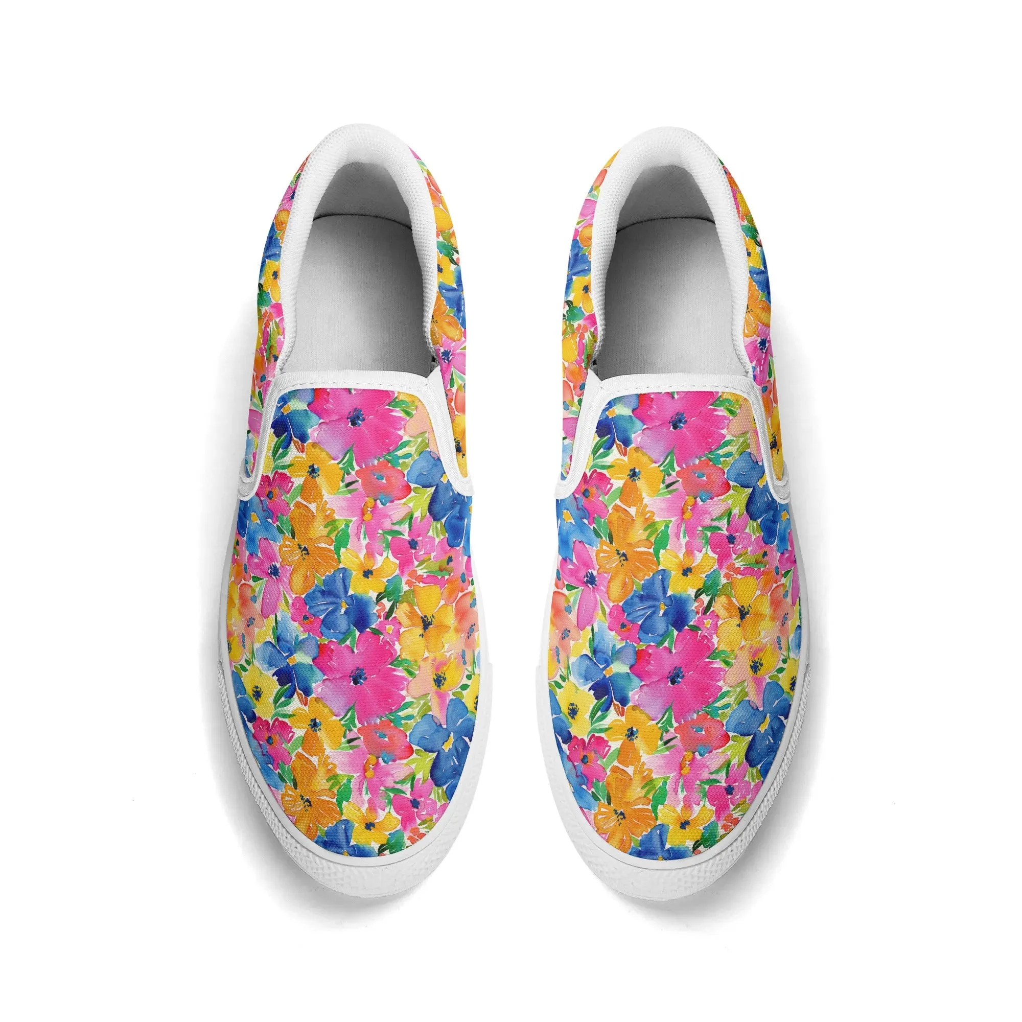 Springtime Kaleidoscope: Multi-color Watercolor Blossoms in Bloom Womens Rubber Slip On Shoes US5 - US12