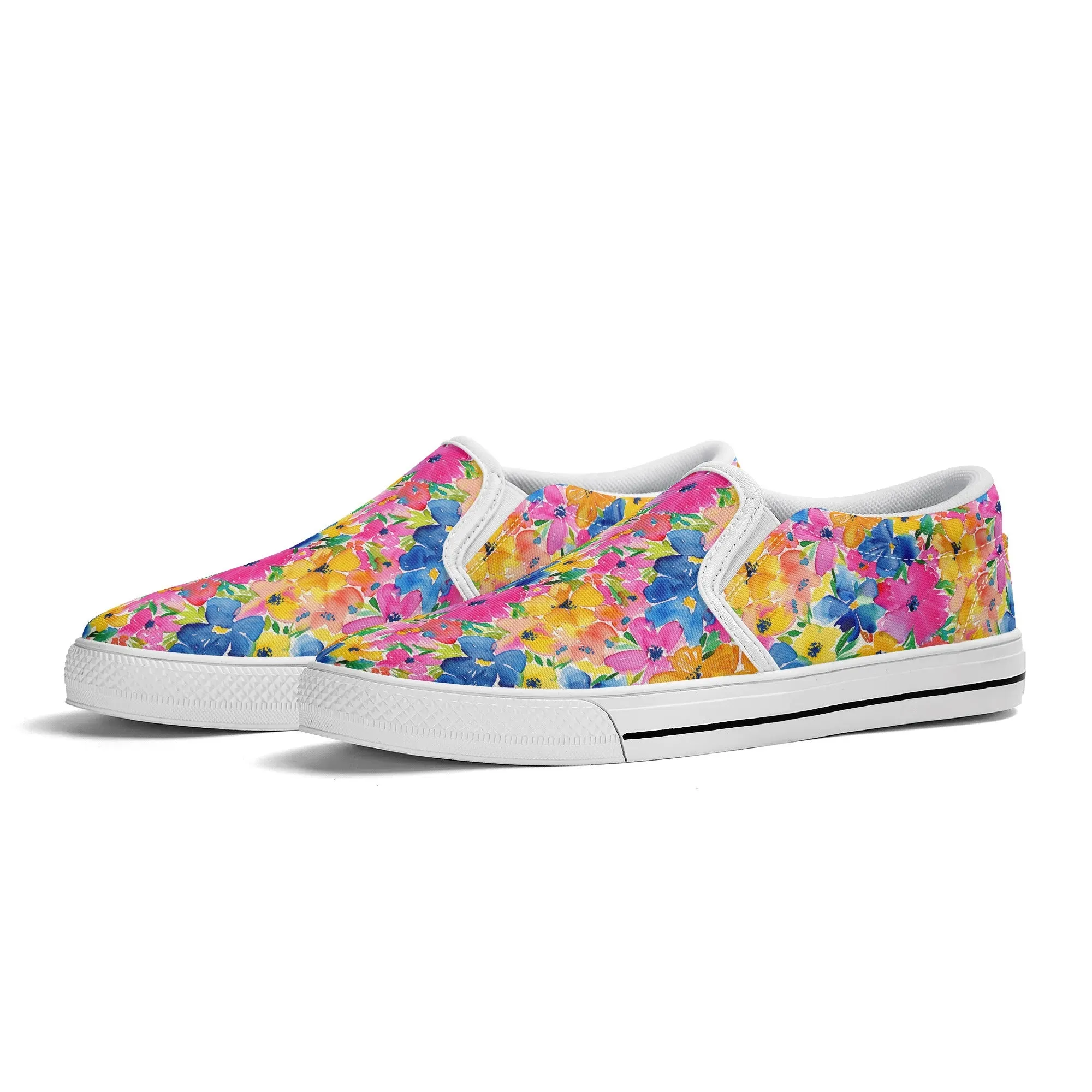 Springtime Kaleidoscope: Multi-color Watercolor Blossoms in Bloom Womens Rubber Slip On Shoes US5 - US12