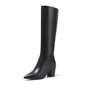 TinaCus Pointed Toe Genuine Leather Handmade Chunky Heels Slip On Women's Classic Knee High Boots