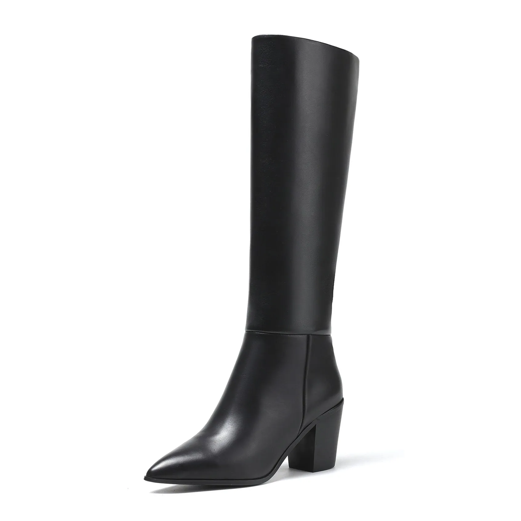 TinaCus Pointed Toe Genuine Leather Handmade Chunky Heels Slip On Women's Classic Knee High Boots