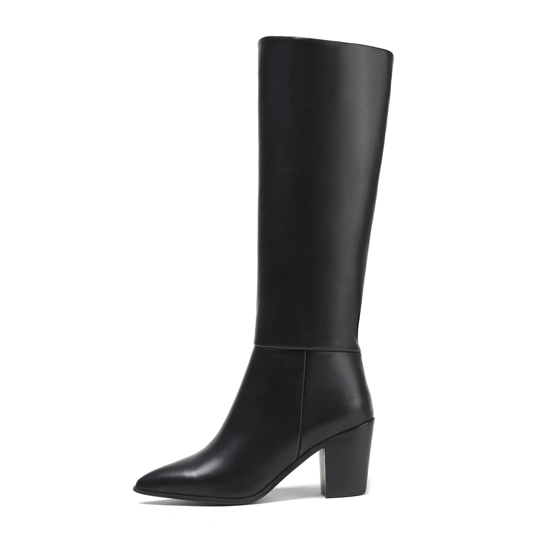 TinaCus Pointed Toe Genuine Leather Handmade Chunky Heels Slip On Women's Classic Knee High Boots