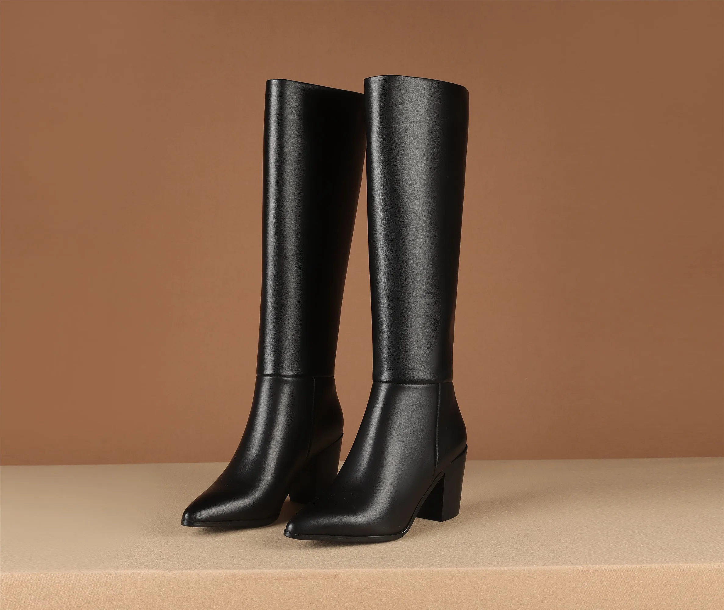 TinaCus Pointed Toe Genuine Leather Handmade Chunky Heels Slip On Women's Classic Knee High Boots