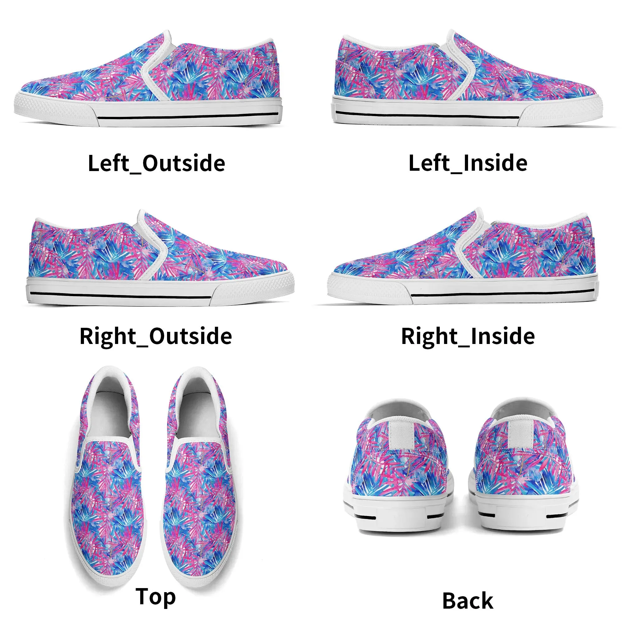 Tropical Harmony Blue and Dark Pink Palm Tree Leaves Womens Canvas Slip On Shoes US5-US12