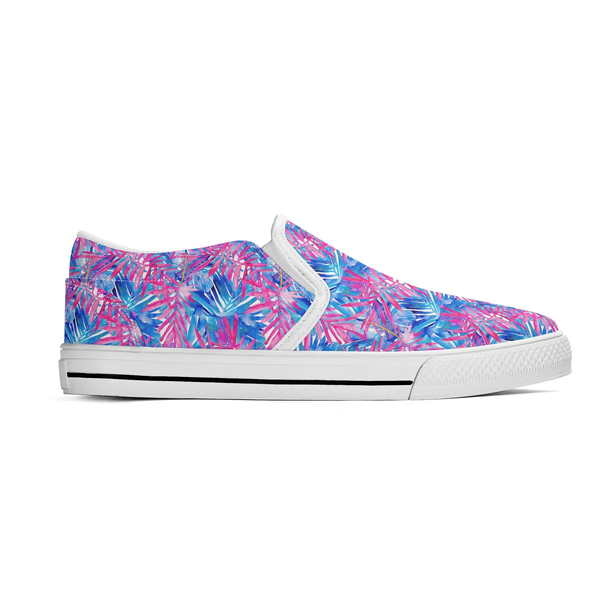 Tropical Harmony Blue and Dark Pink Palm Tree Leaves Womens Canvas Slip On Shoes US5-US12
