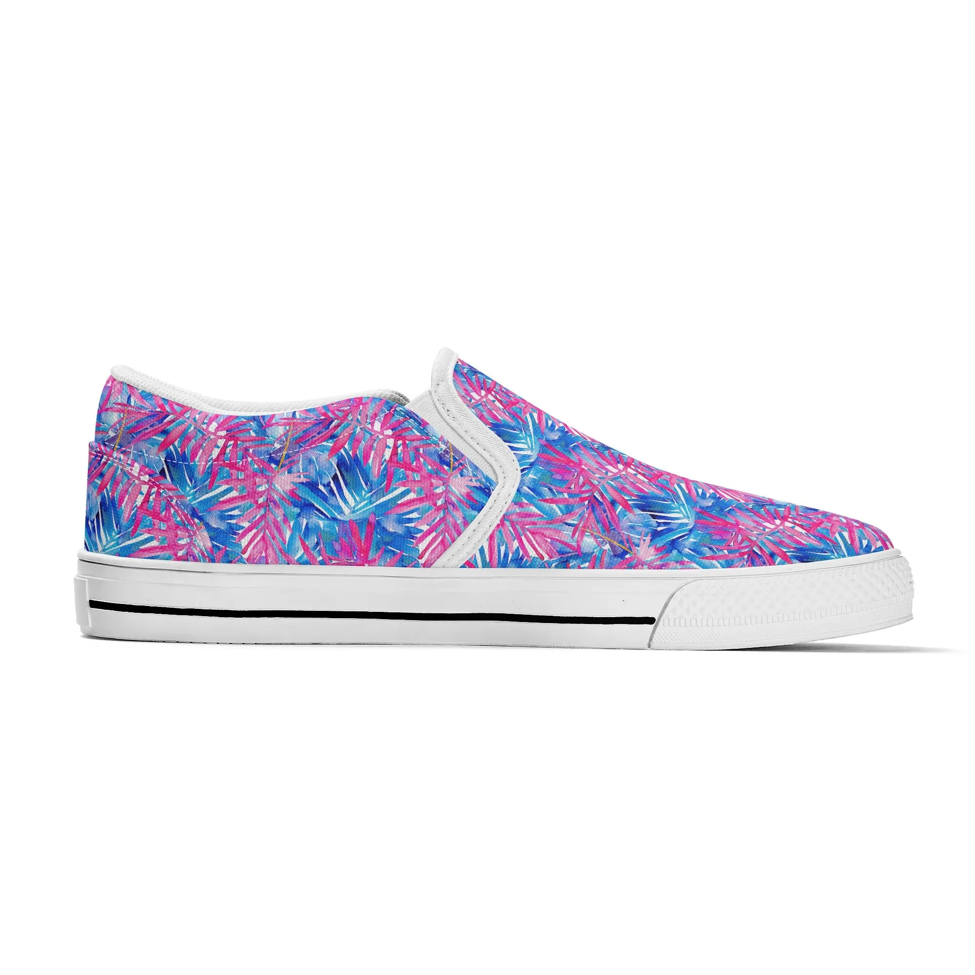 Tropical Harmony Blue and Dark Pink Palm Tree Leaves Womens Canvas Slip On Shoes US5-US12