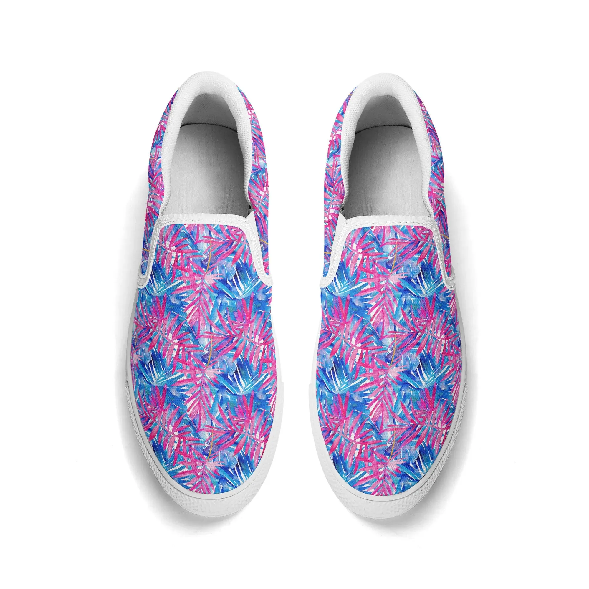Tropical Harmony Blue and Dark Pink Palm Tree Leaves Womens Canvas Slip On Shoes US5-US12