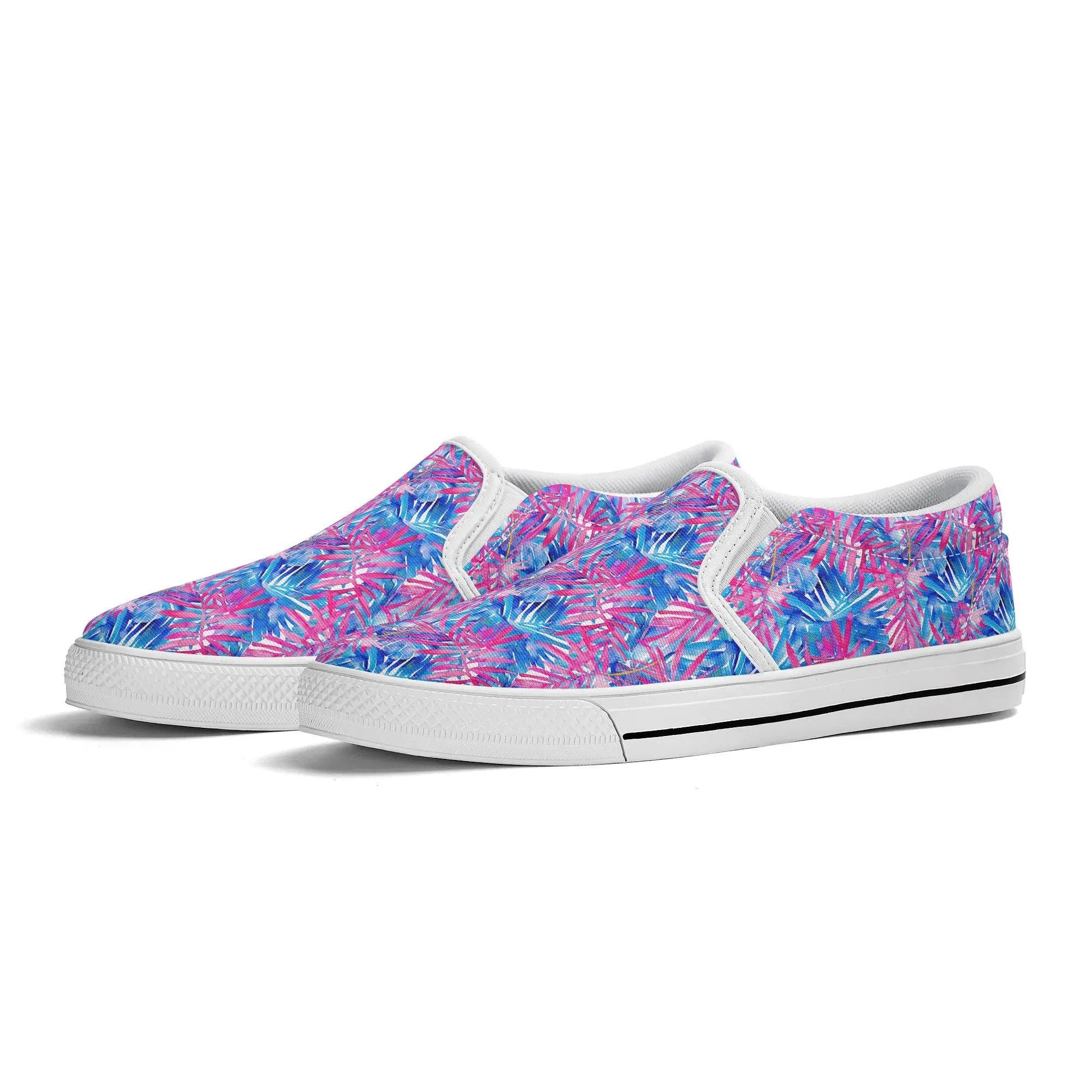 Tropical Harmony Blue and Dark Pink Palm Tree Leaves Womens Canvas Slip On Shoes US5-US12