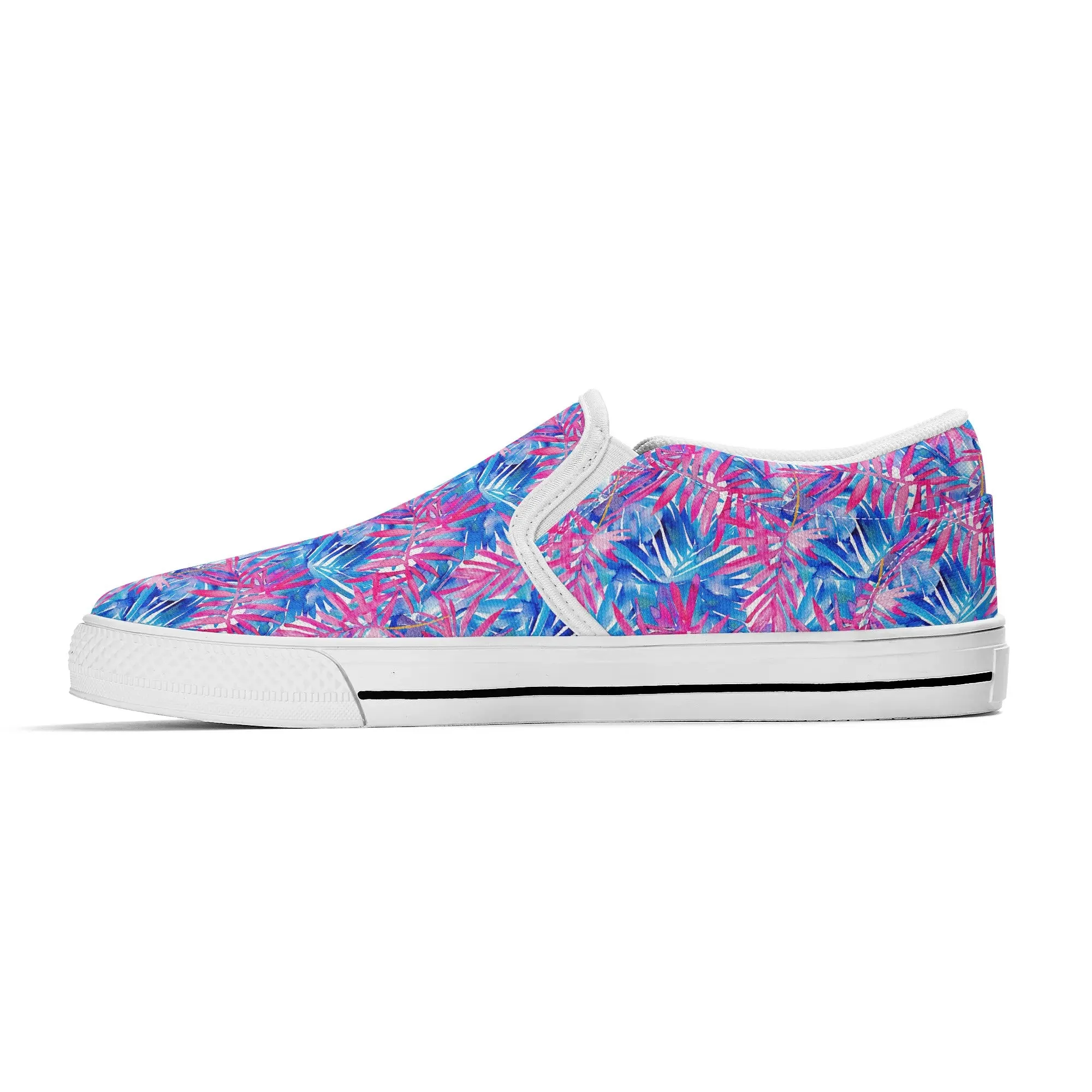 Tropical Harmony Blue and Dark Pink Palm Tree Leaves Womens Canvas Slip On Shoes US5-US12