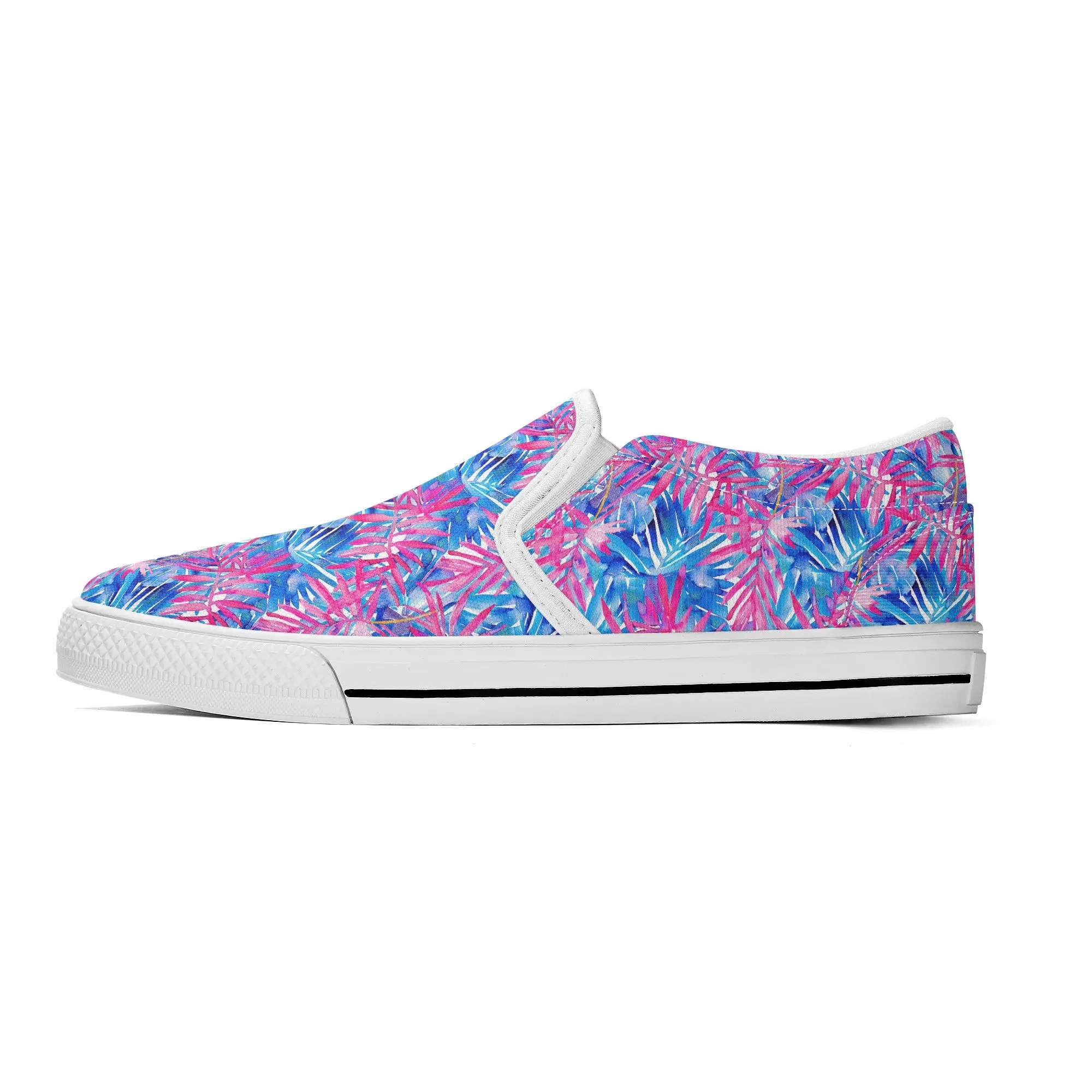 Tropical Harmony Blue and Dark Pink Palm Tree Leaves Womens Canvas Slip On Shoes US5-US12