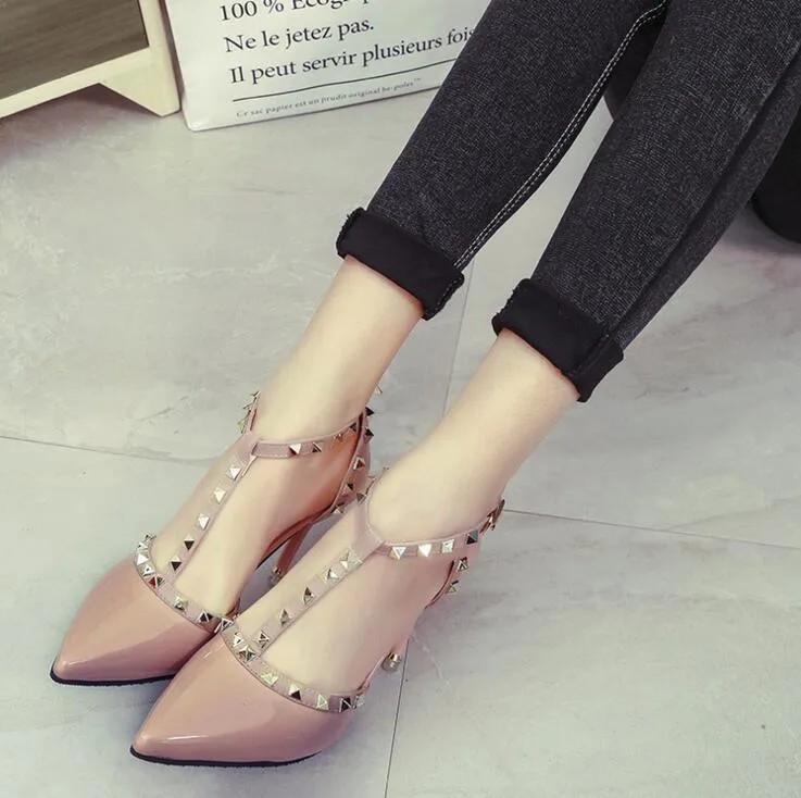 Women High Heel Pointed Toe Shoes with Buckle Rivets