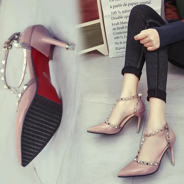 Women High Heel Pointed Toe Shoes with Buckle Rivets