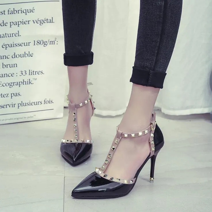 Women High Heel Pointed Toe Shoes with Buckle Rivets