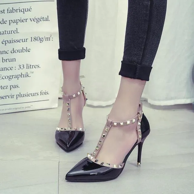 Women High Heel Pointed Toe Shoes with Buckle Rivets