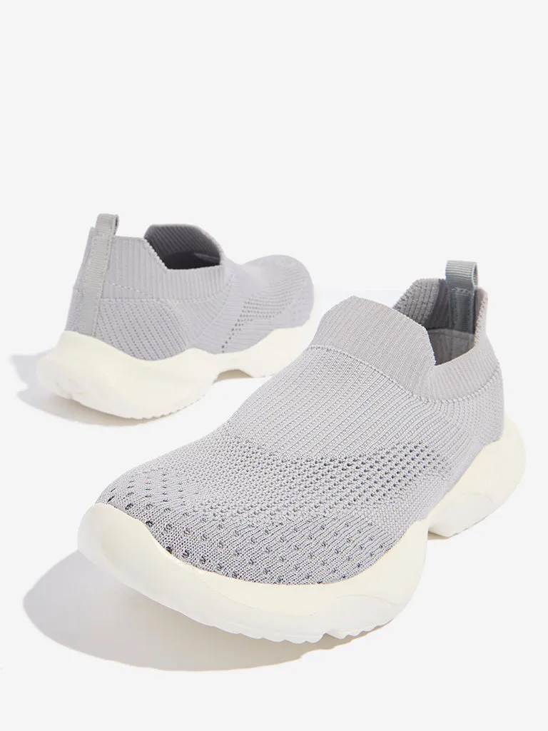 Yellow Grey Knit-Textured Slip-On Shoes